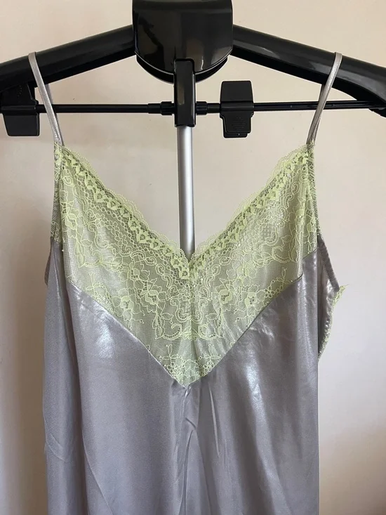 Topshop Silver Slip Dress with Lime Lace Trim - Picture 6 of 10